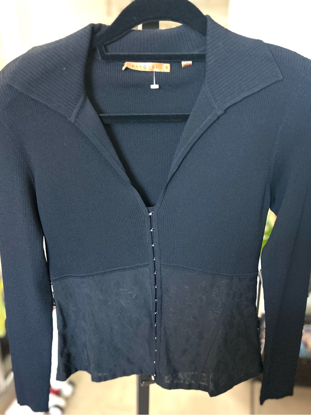 Black Long Sleeve knit Hook-and-Eye Jacket/Top. With elasticized floral lace.